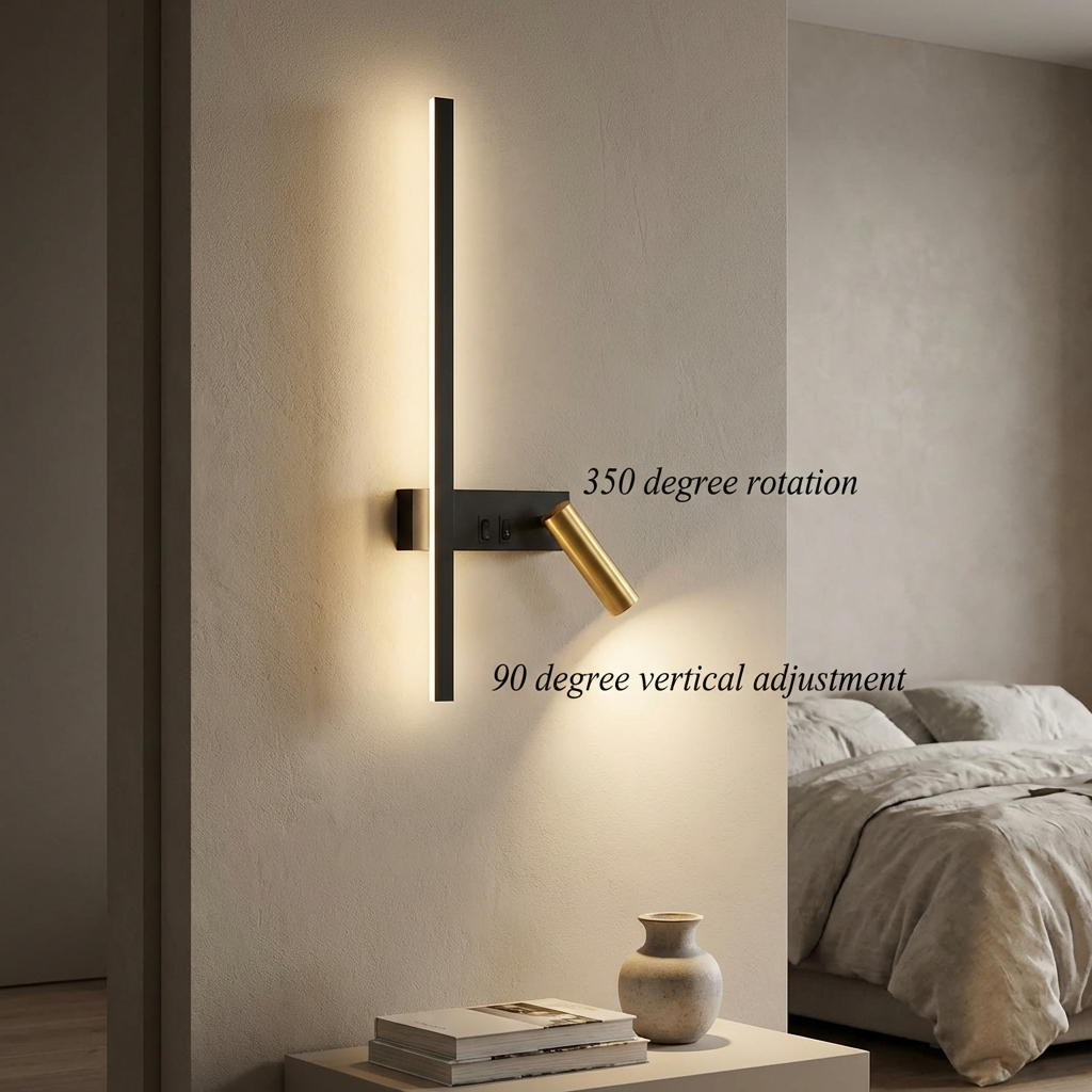 Diagram showing the 350-degree rotation and 90-degree vertical tilt capabilities of the gold bedside reading spotlight
