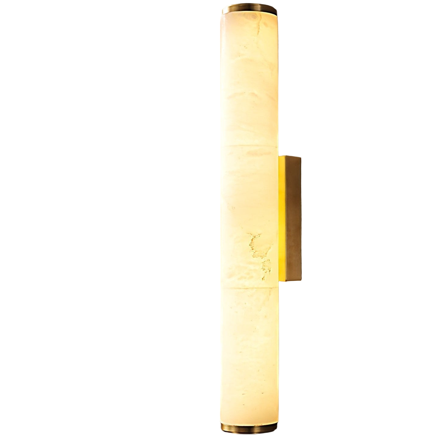Modern vertical alabaster aerq wall sconce with elegant gold hardware casting a warm ambient glow