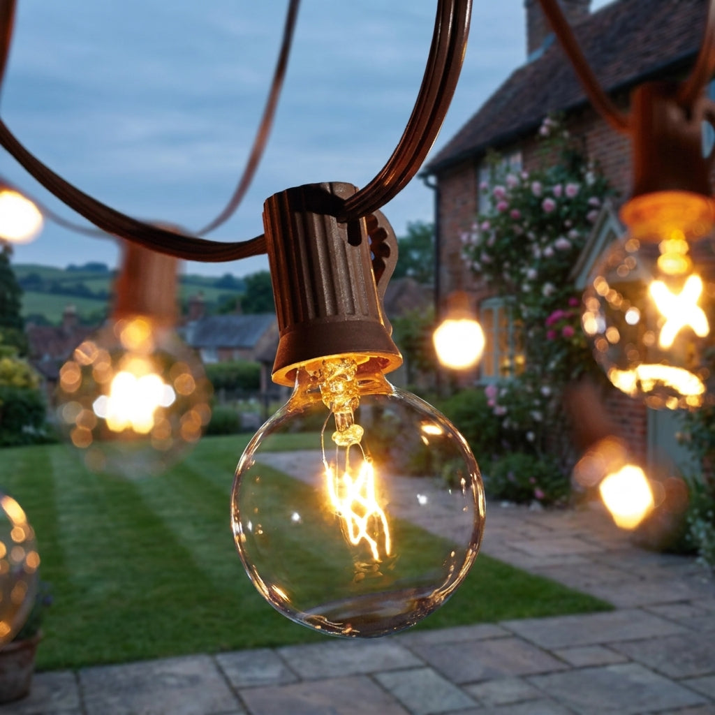 Close-up of Afqo G40 globe bulbs on the string light cable