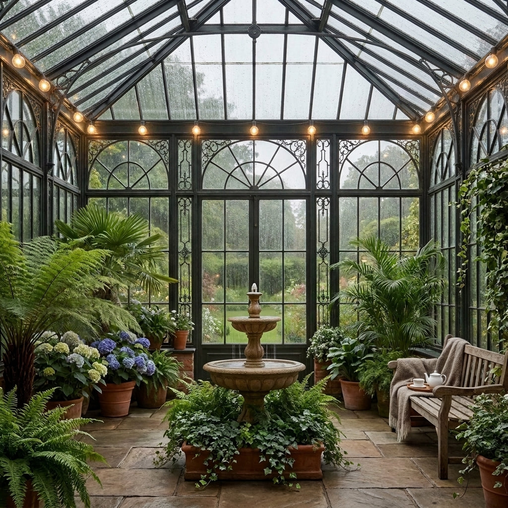 Afqo solar string lights strung along the roof beams of a glass conservatory