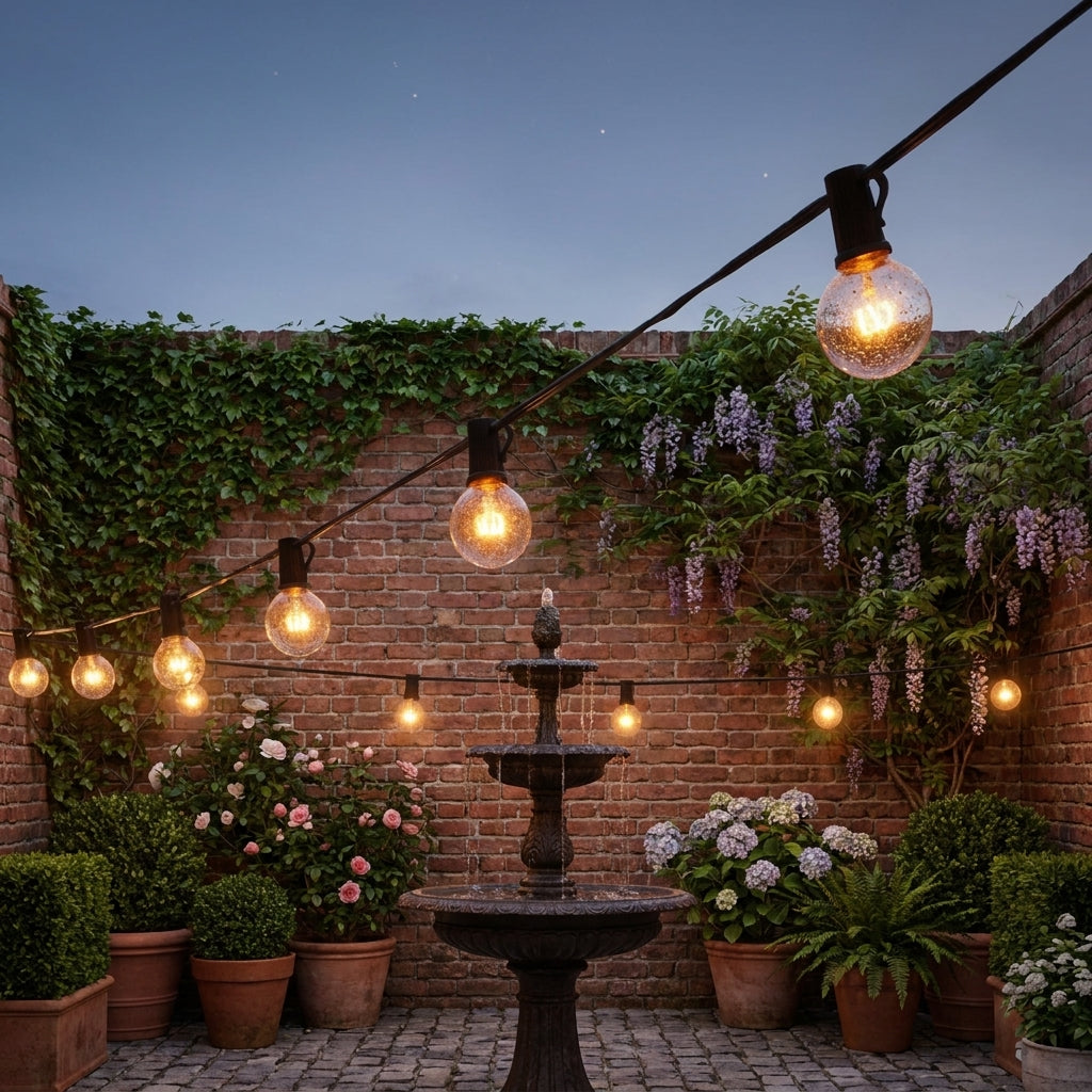 Afqo solar string lights hanging along a brick garden wall above a stone fountain