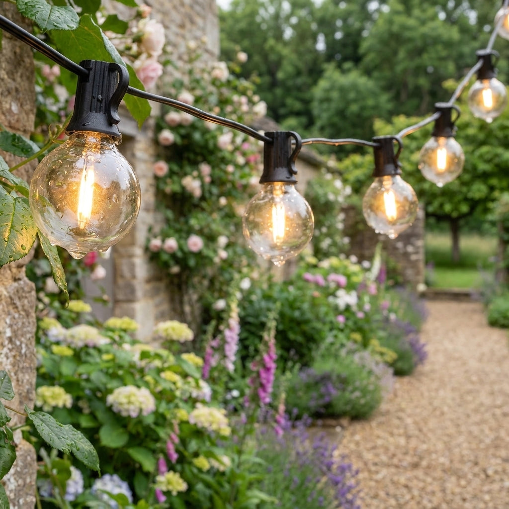 Afqo solar string lights along a garden pathway lined with flowers