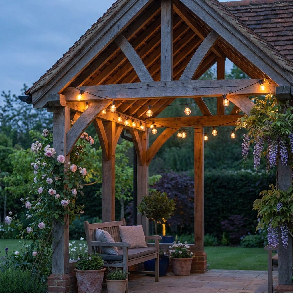 Afqo solar string lights strung across a wooden garden pergola with a bench