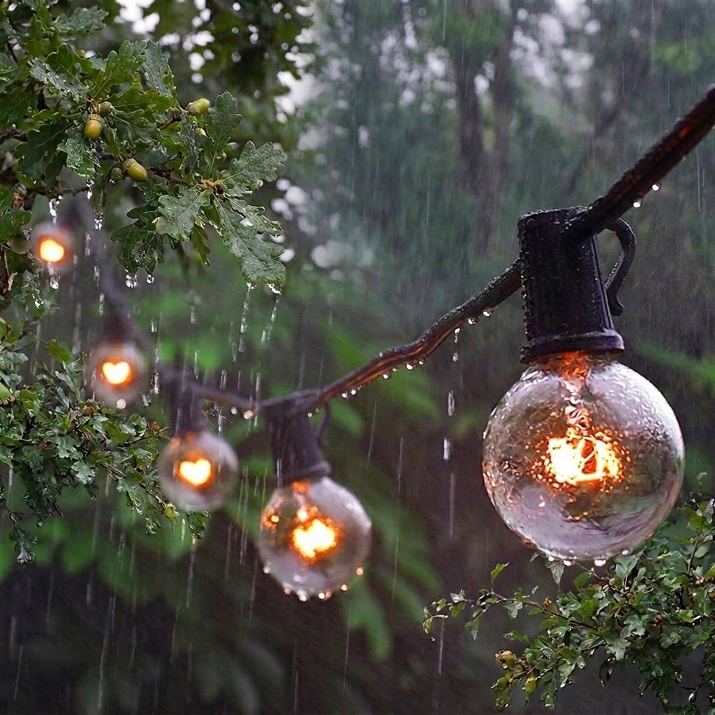 Close-up of Afqo solar string light bulbs covered in raindrops, showing weather-resistant design