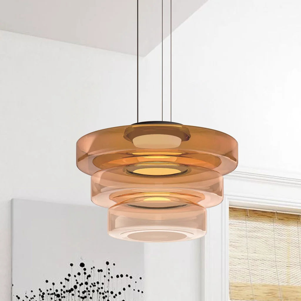 Amber 3-layer glass ceiling lamp highlighting its stacked mid-century silhouette