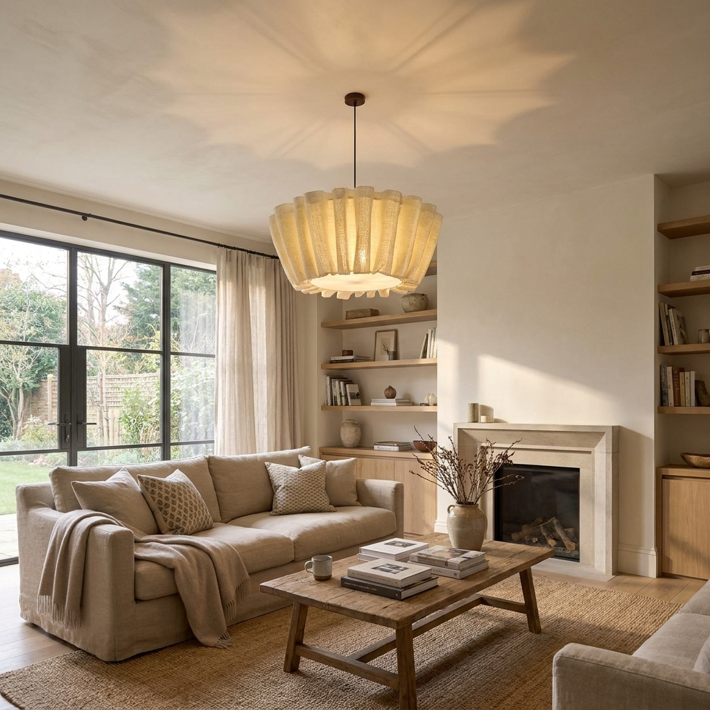 Japandi pleated fabric aqer chandelier suspended over a modern living room setting with natural light