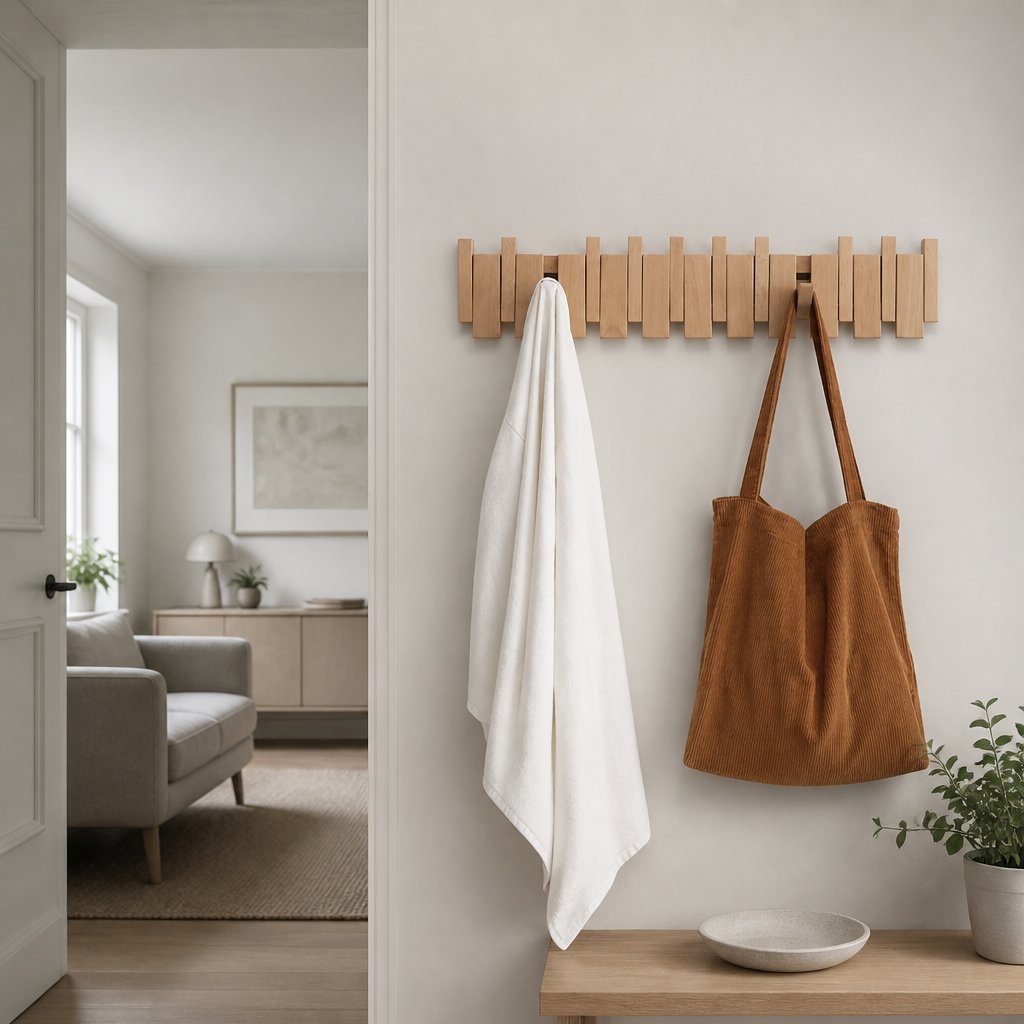 Arley walnut and beech piano key wall mounted coat rack, product photo 2