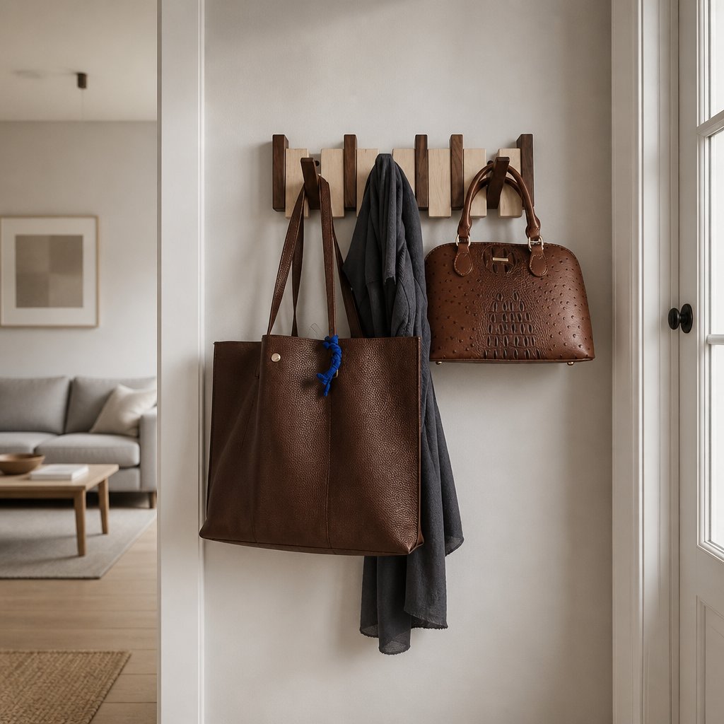 Arley walnut and beech piano key wall mounted coat rack, product photo 3