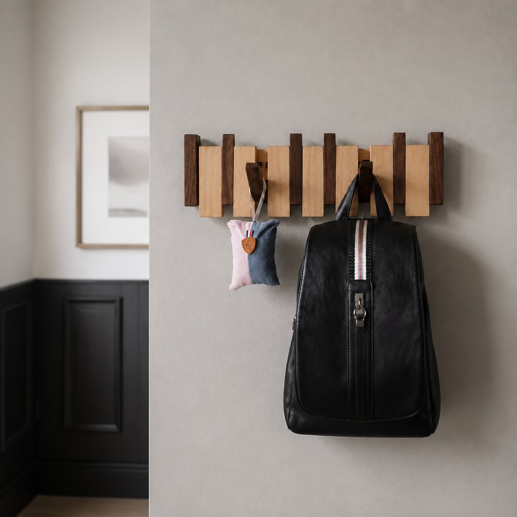 Arley walnut and beech piano key wall mounted coat rack, product photo 4
