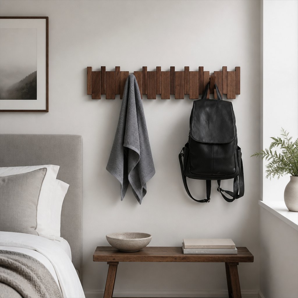 Arley walnut and beech piano key wall mounted coat rack, product photo 5