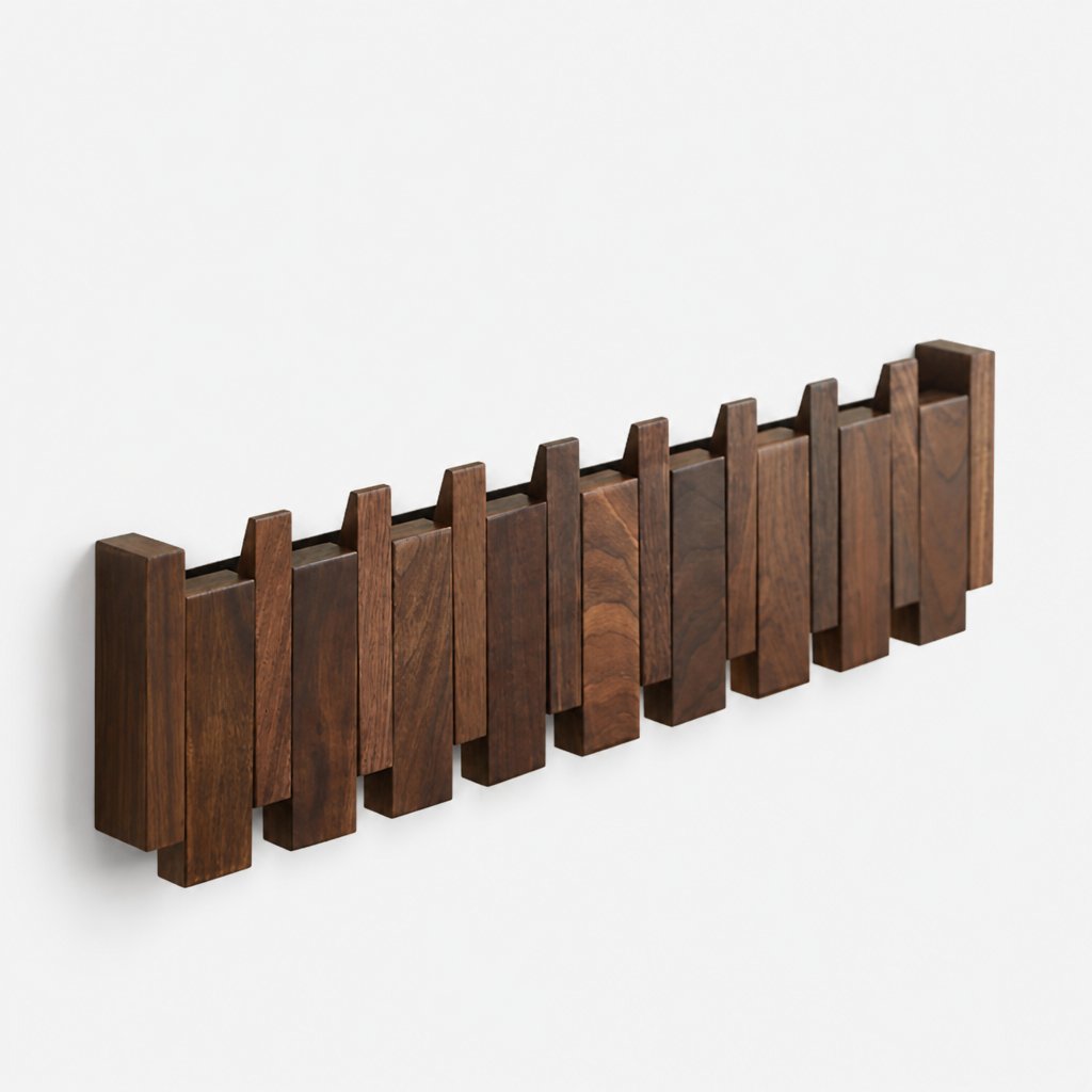 Arley walnut and beech piano key wall mounted coat rack, product photo 7