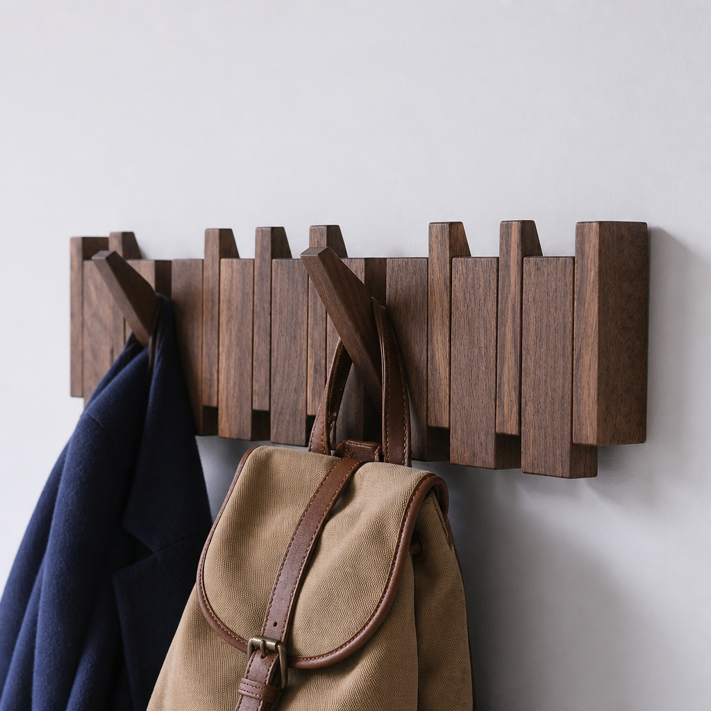 Arley solid Walnut wood piano key coat rack, close-up lifestyle photo with navy coat and tan canvas backpack hanging