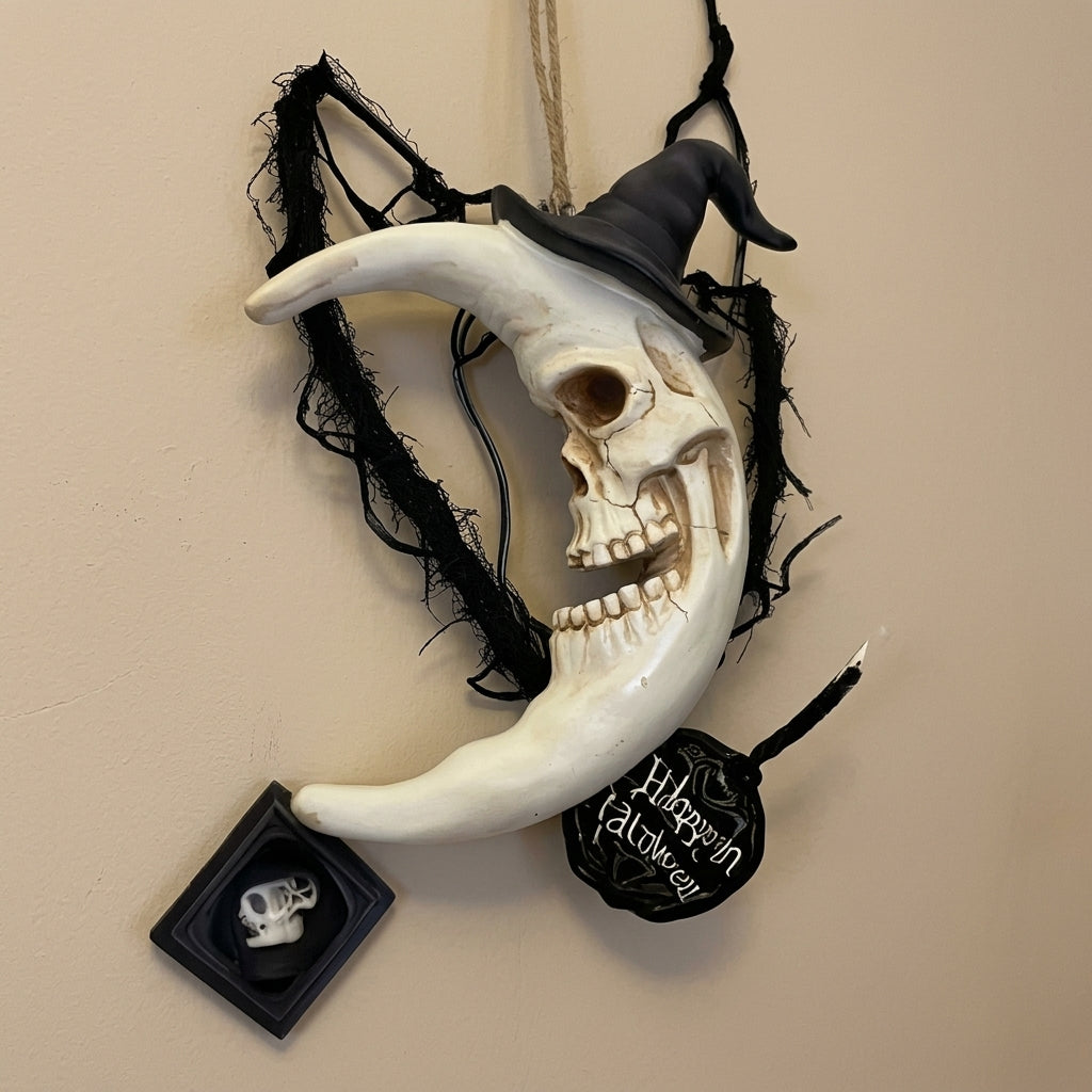 Astralvoid crescent moon skull with witch hat wall hanging mounted on a wall, close-up with Happy Halloween tag