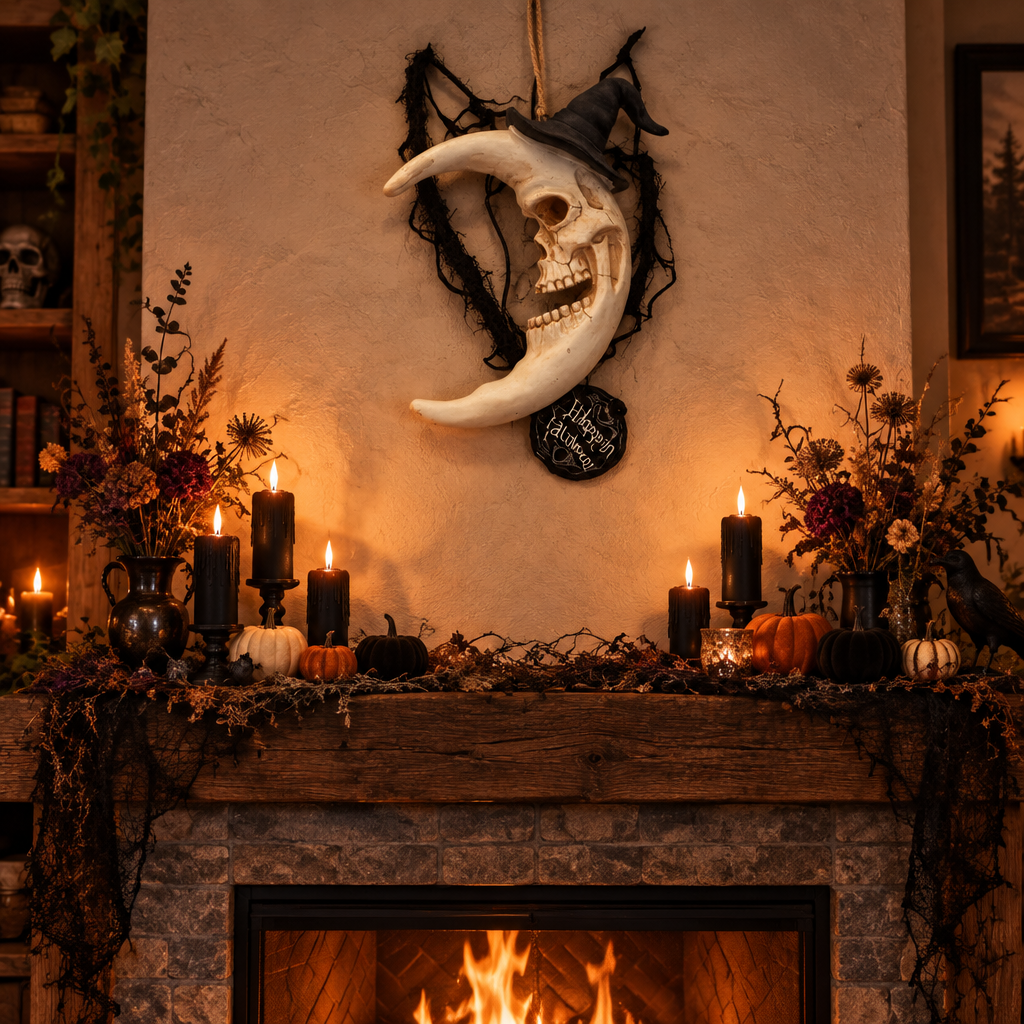 Astralvoid crescent moon skull with witch hat hanging above a Halloween fireplace mantel with black candles and pumpkins