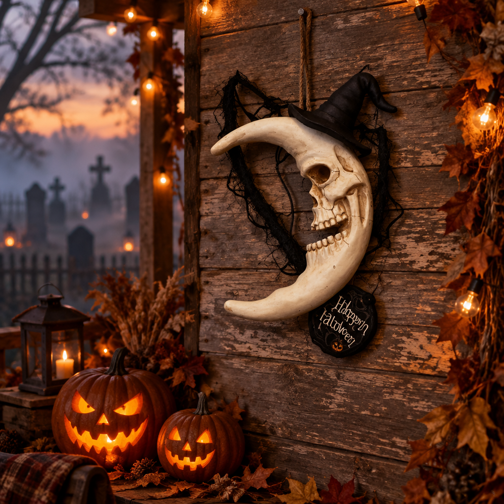 Astralvoid crescent moon skull with witch hat hanging on a rustic Halloween porch wall at dusk with jack-o'-lanterns