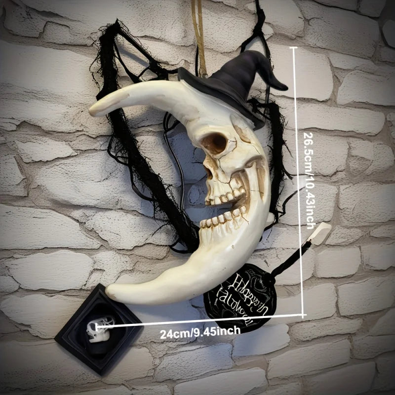 Astralvoid crescent moon skull with witch hat wall hanging - size chart 26.5cm x 24cm