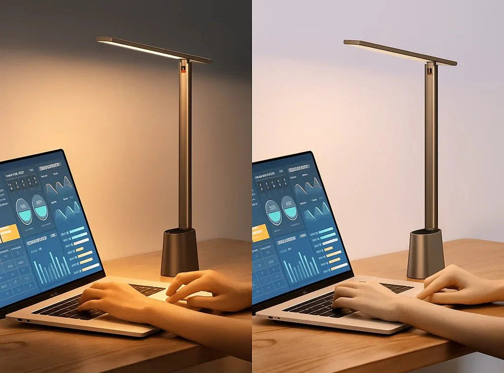 Split view showing the auto-dimming LED desk lamp providing optimal, glare-free lighting next to a laptop