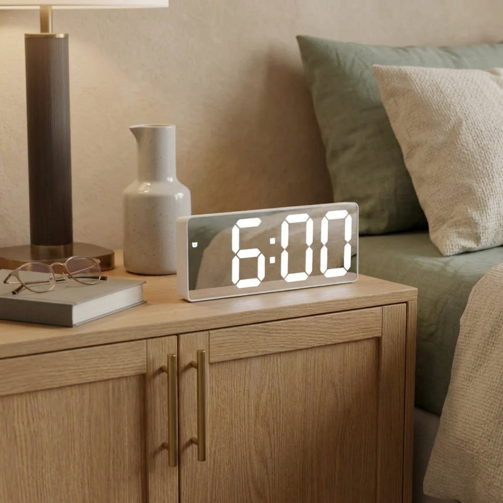 A rectangular digital alarm clock with a white LED 6:00 display sits on a light wood bedside table in a cozy bedroom setting next to a lamp, a vase, and a book.