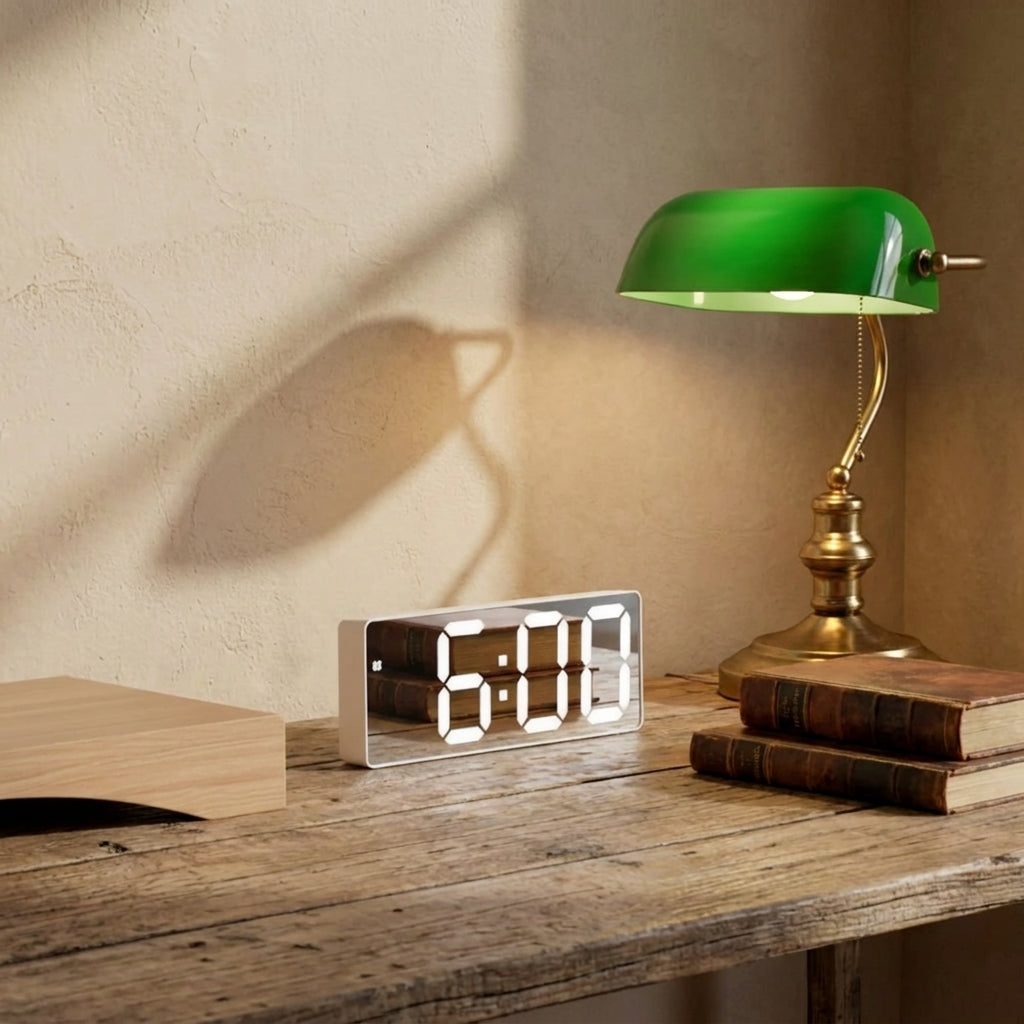 A rectangular digital alarm clock with a white LED display showing 6:00, styled on a rustic wooden table next to a green desk lamp and stacked books.