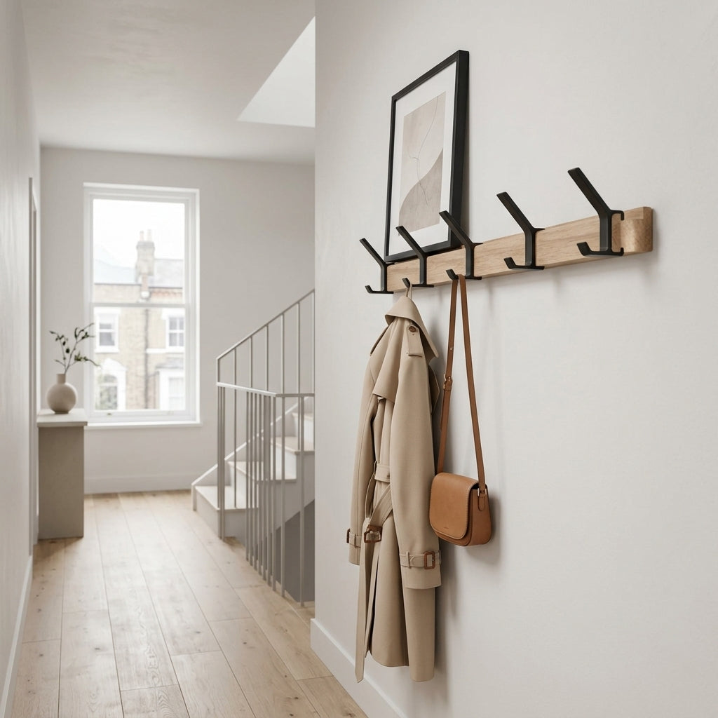 Axton black and wood wall coat rack, 5-hook Nordic organiser, product photo 2