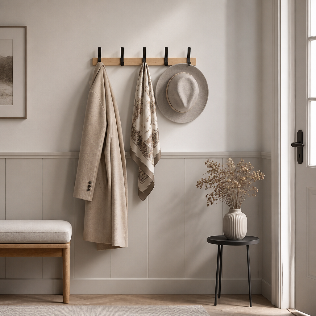 Axton black and wood wall coat rack, 5-hook Nordic organiser, product photo 3