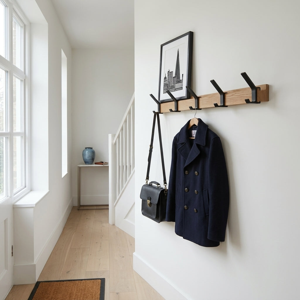 Axton black and wood wall coat rack, 5-hook Nordic organiser, product photo 4
