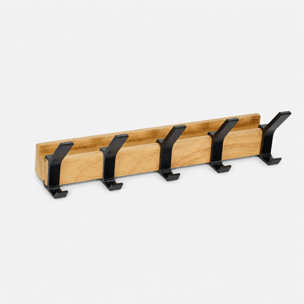 Axton black and wood wall coat rack, 5-hook Nordic organiser, product photo 5