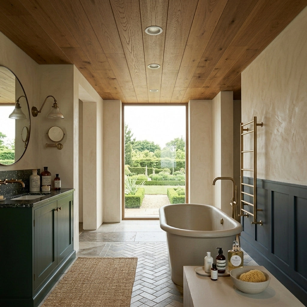 Aztil LED downlights installed in a bathroom with a wood ceiling and freestanding tub