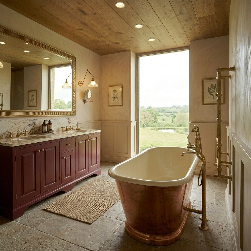 Aztil LED downlights installed in a bathroom with a dark vanity and copper tub