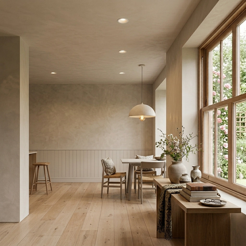 Aztil LED downlights installed in a dining room and hallway with wood flooring