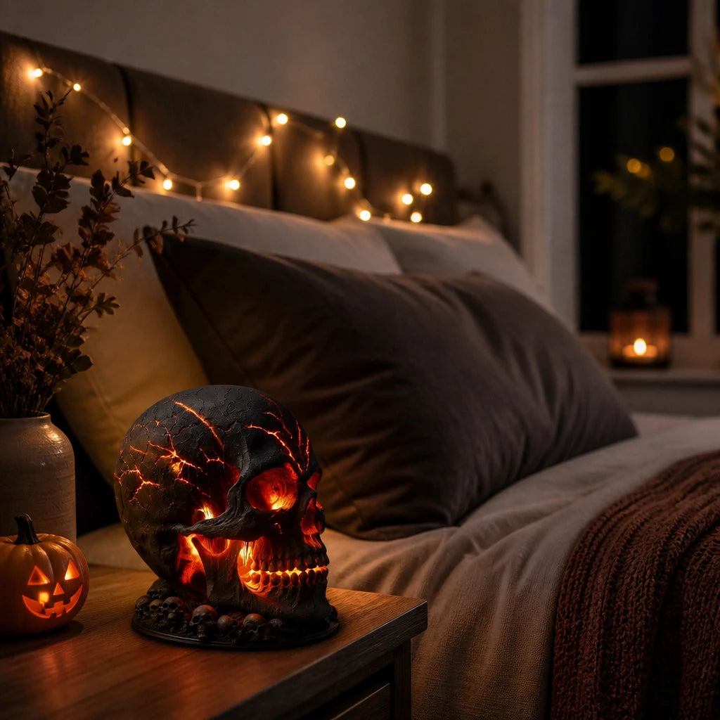 Barnok flame skull night light glowing on a bedside table in a cosy British bedroom with fairy lights and a small pumpkin