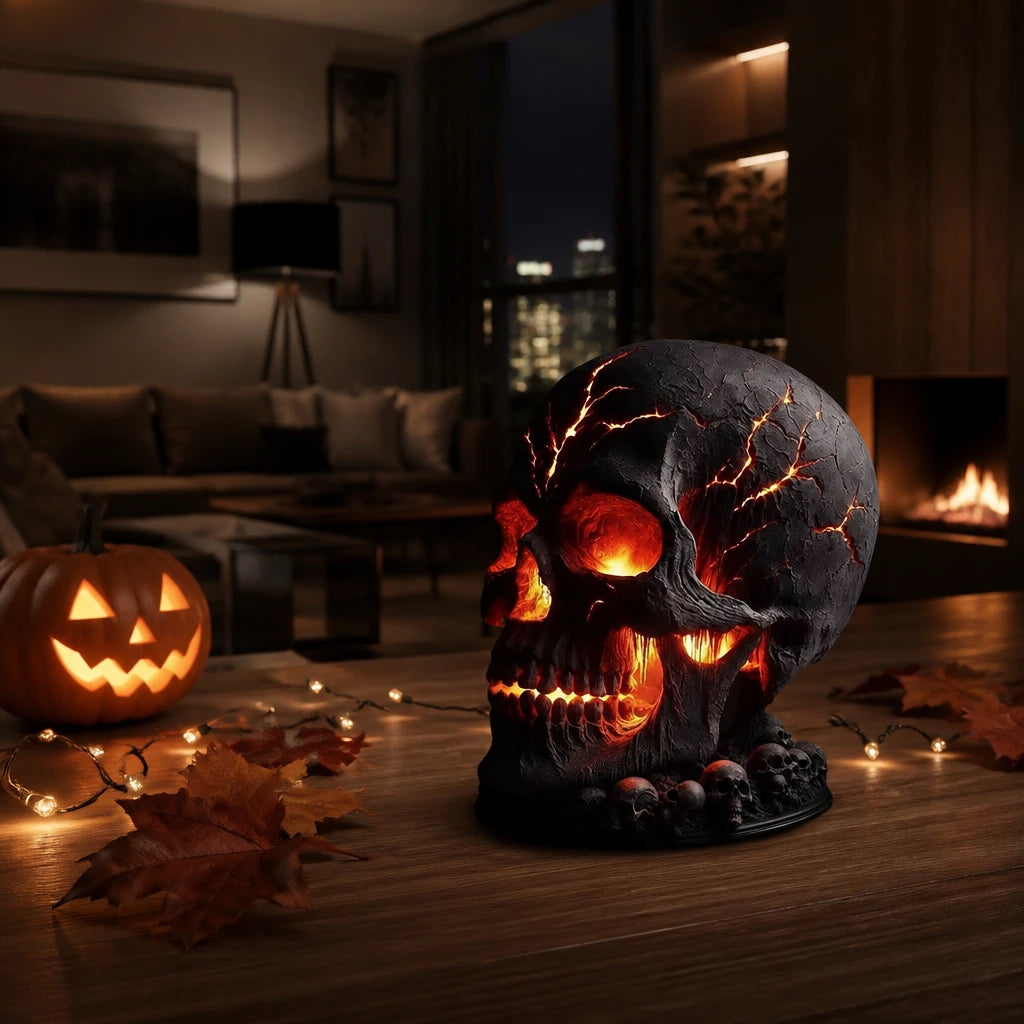 Barnok flame skull night light on a coffee table in a modern British living room with autumn leaves, fairy lights and a carved pumpkin