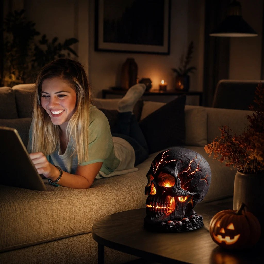 Woman relaxing on a sofa beside the glowing Barnok flame skull night light in a modern living room