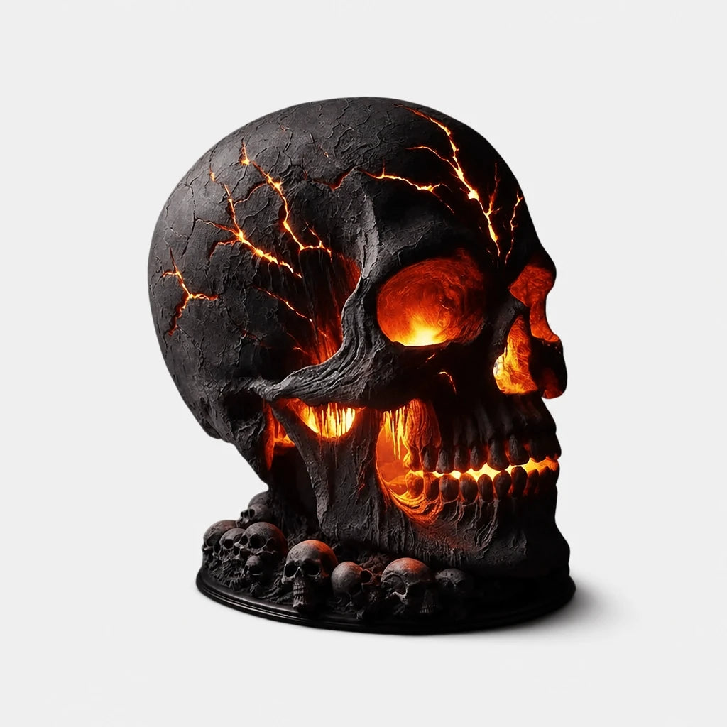 Barnok gothic flame skull night light on a plain white studio background, showing the glowing orange LED cracks