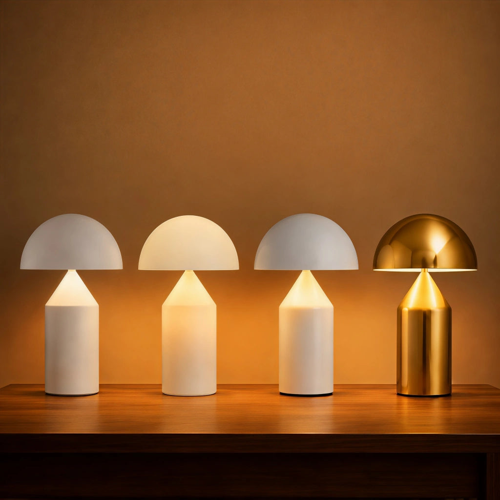 Collection of Bauhaus mushroom table lamps in matte white, bright white, opal glass, and gold finishes