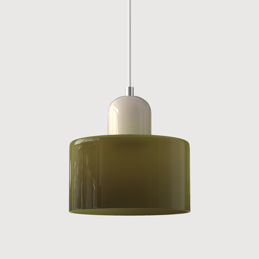 Beige base and green shade organic glass pendant light.