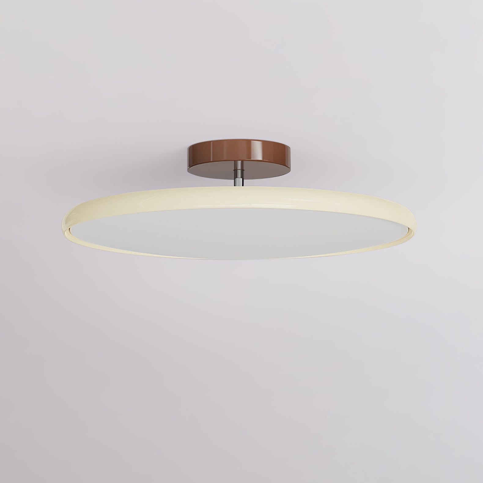 Beige flat panel adjustable ceiling light highlighting its contrasting brown mounting base