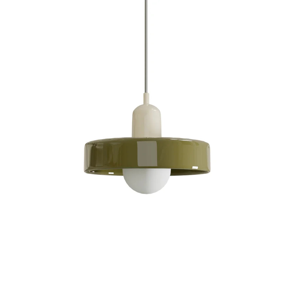 Beige and green Nordic glass pendant light showcasing its smooth, retro geometric silhouette