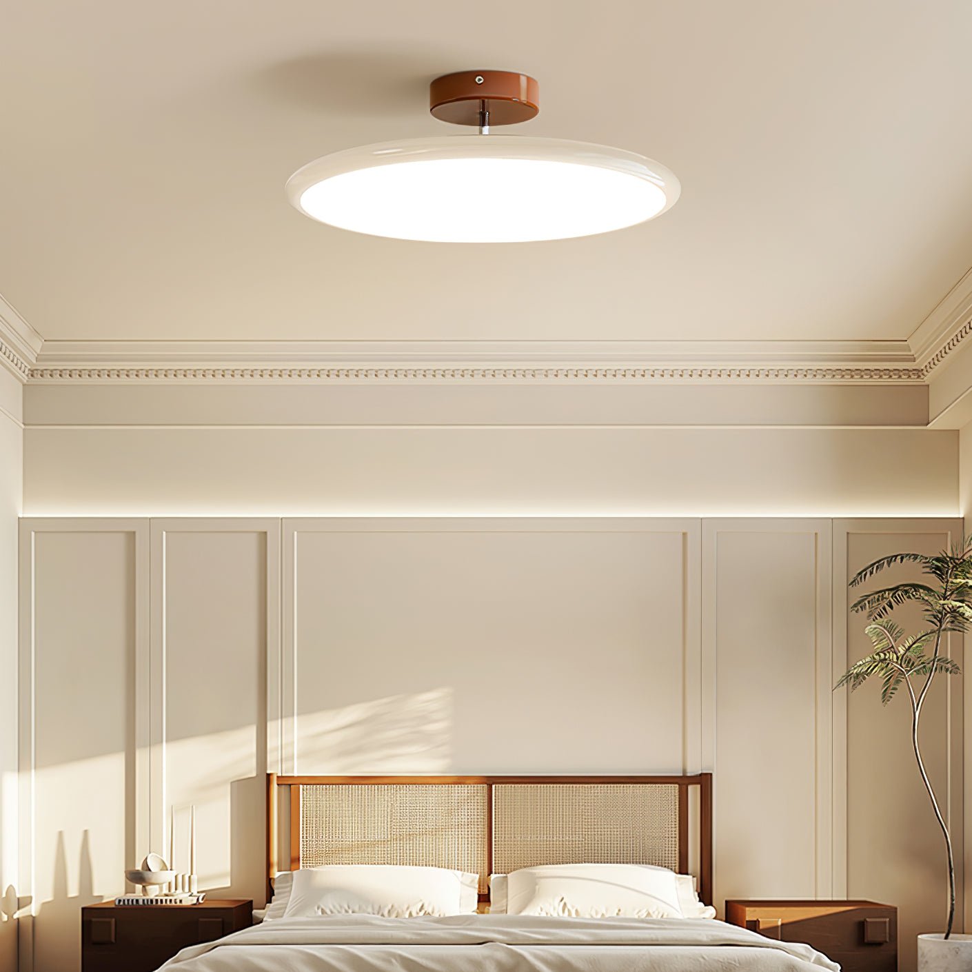Beige rotatable LED ceiling light providing bright ambient illumination in a modern bedroom