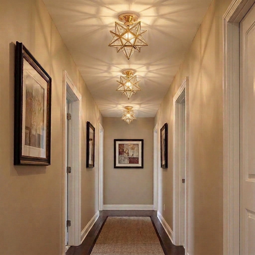 Belsi Moravian star ceiling lights installed in a hallway corridor