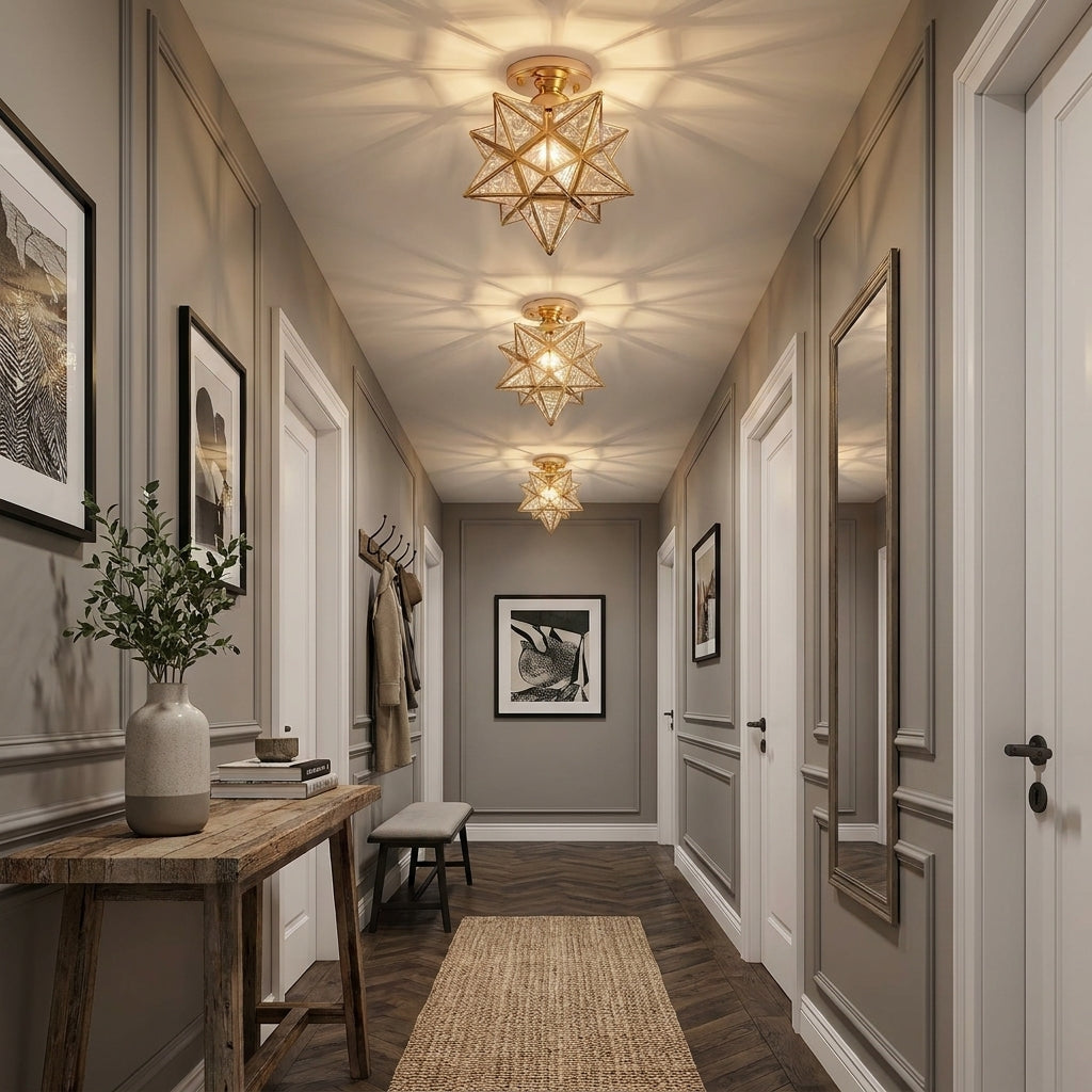 Belsi Moravian star ceiling light installed above an entryway