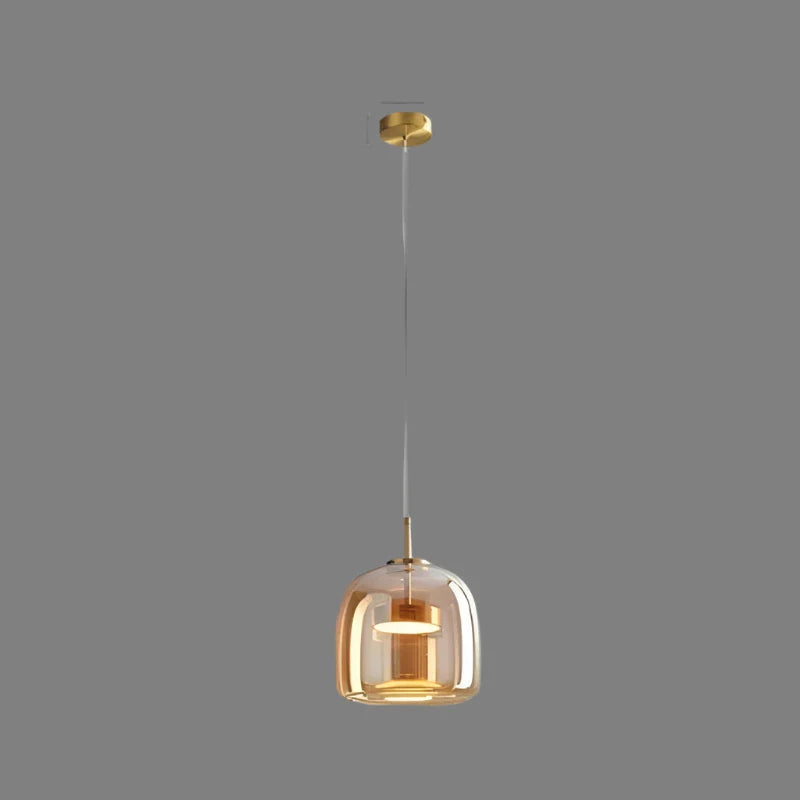 Modern beqi amber double-layer tinted glass pendant light isolated against a grey background