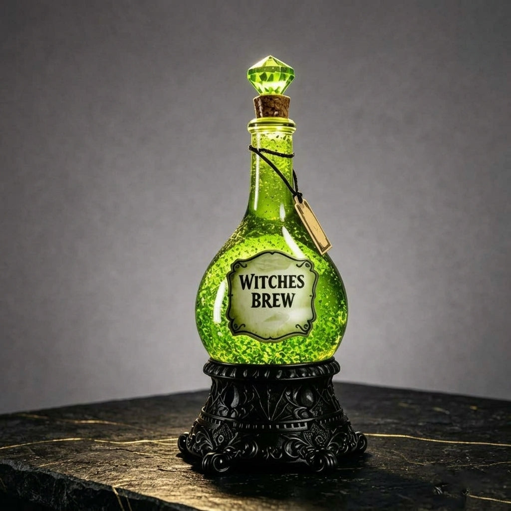 Bevvy witches brew LED glitter potion bottle studio shot on a stone surface
