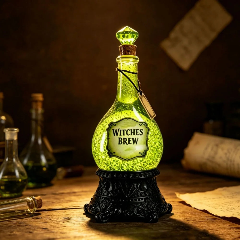 Bevvy witches brew LED glitter potion bottle glowing on a wooden desk beside candles