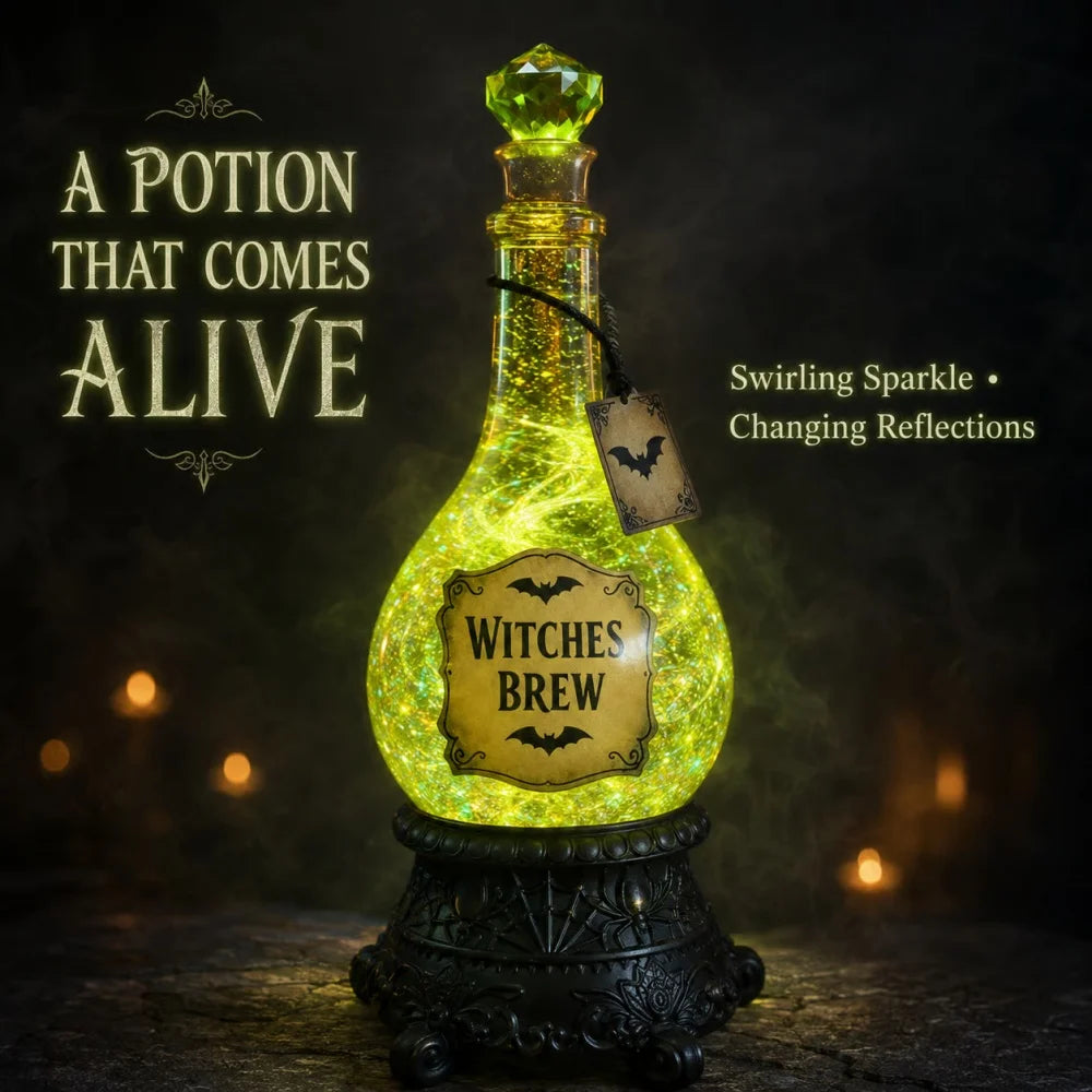 Bevvy witches brew potion bottle glowing with swirling sparkle and changing reflections