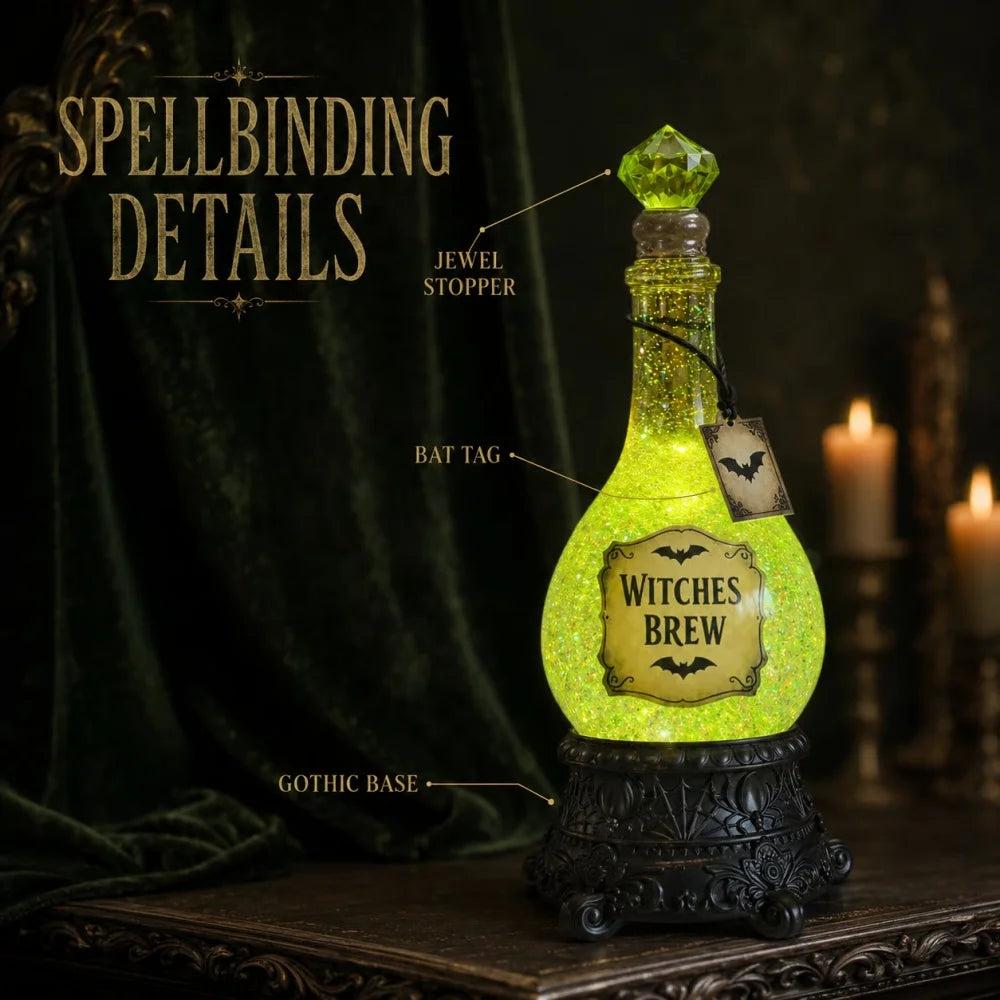 Bevvy witches brew potion bottle feature breakdown showing jewel stopper, bat tag and gothic base