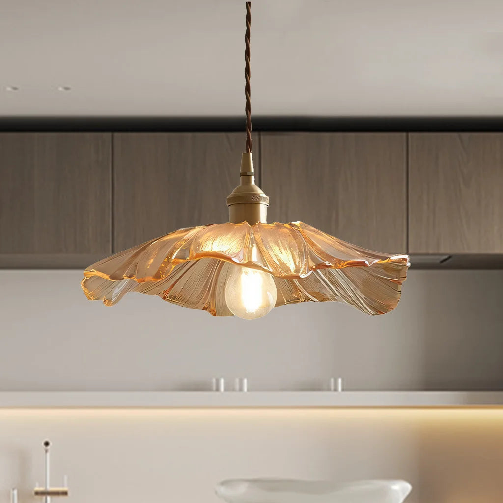 Amber vintage bila lotus pendant light adding warm retro charm above a kitchen counter
