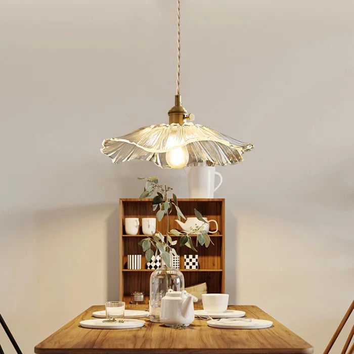 Clear fluted bila glass pendant light styling a cosy, minimalist dining nook