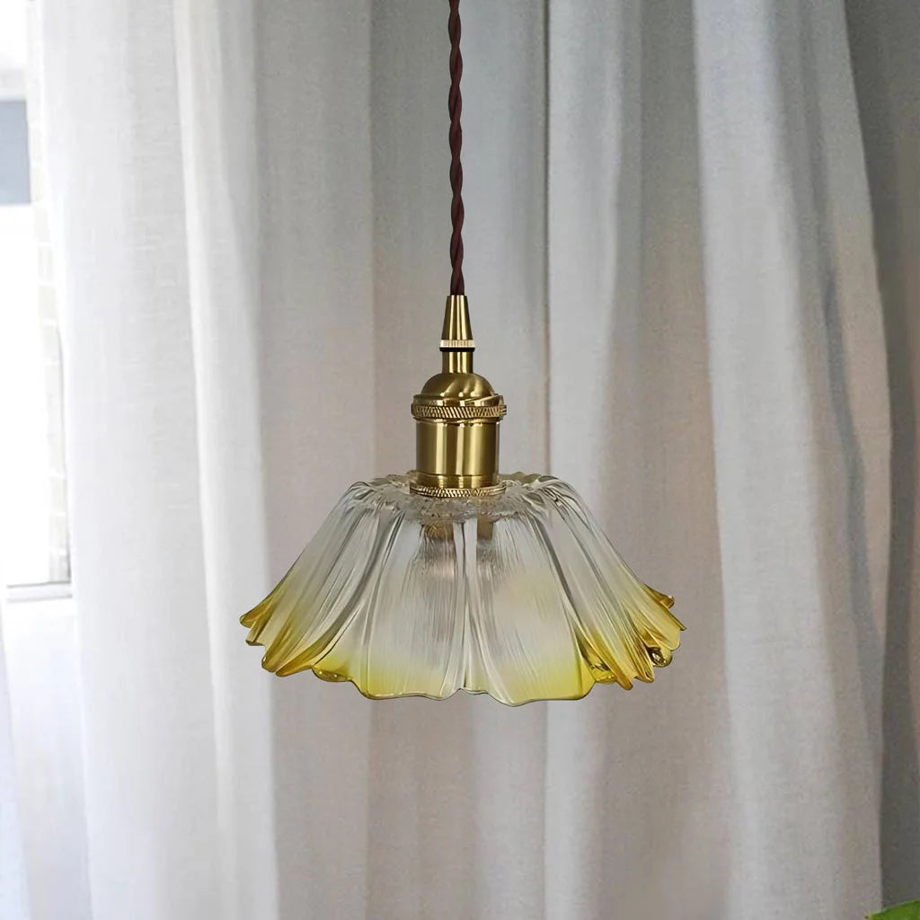 bila yellow retro glass pendant lamp casting a soft ambient glow in a bright room