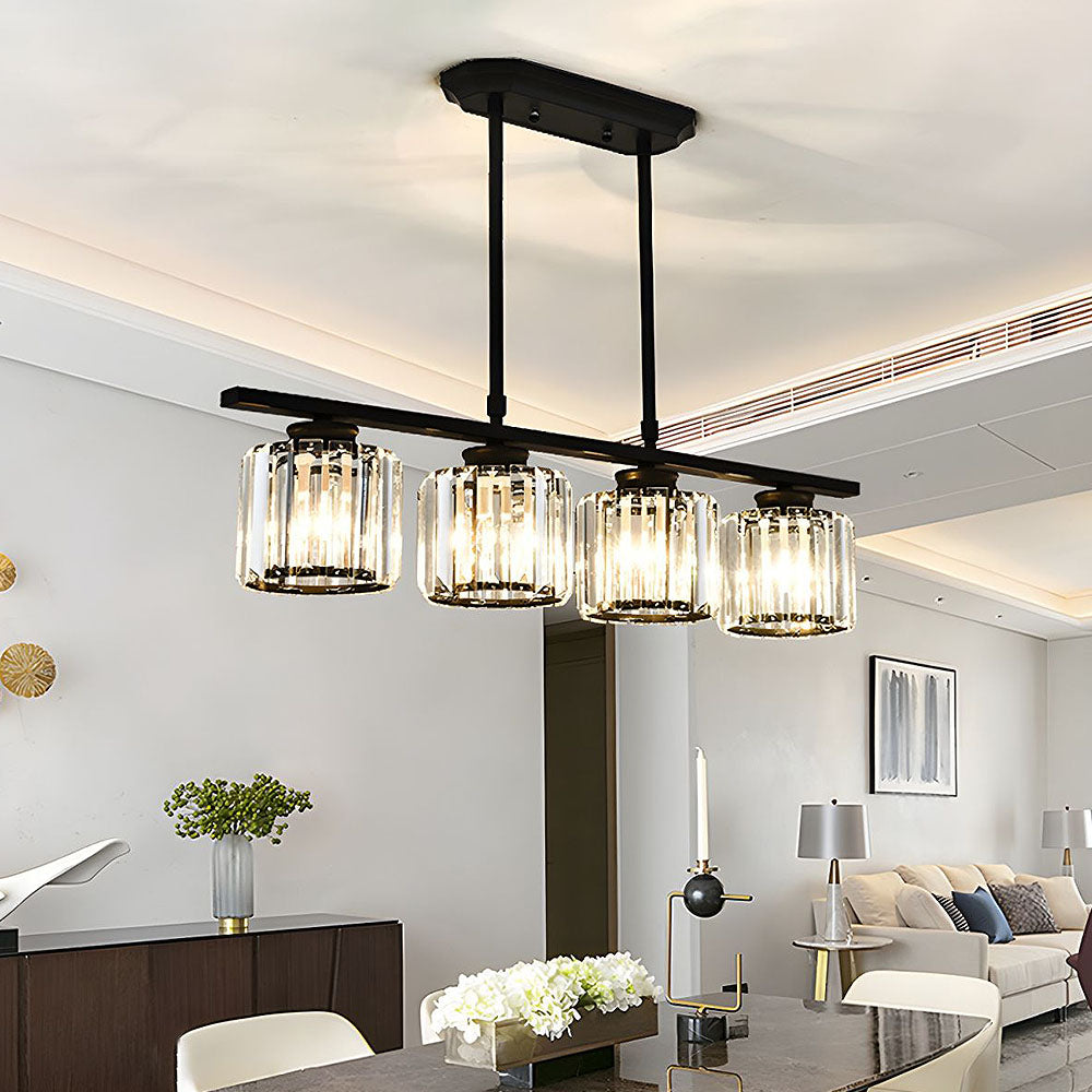 Black 4-light round ribbed glass pendant light suspended in a contemporary lounge